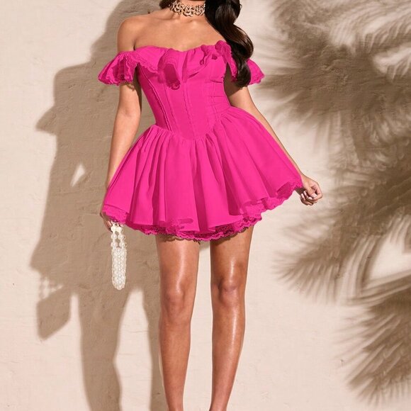 Hot Pink Elegant Women's Sexy Off Shoulder Lace Ruffled Chest Lace Edge Dress - Picture 3 of 7